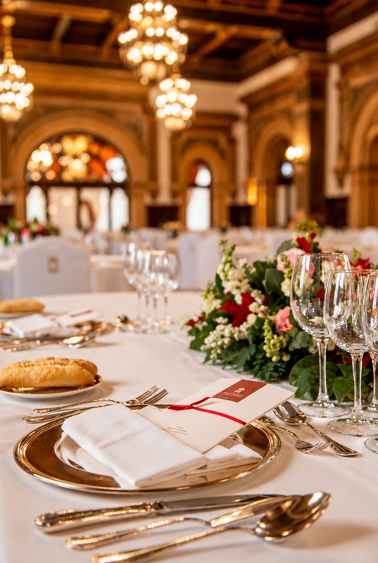 Mesa del banquete de boda con cristaleria y flores en un salon con lamparas de arana